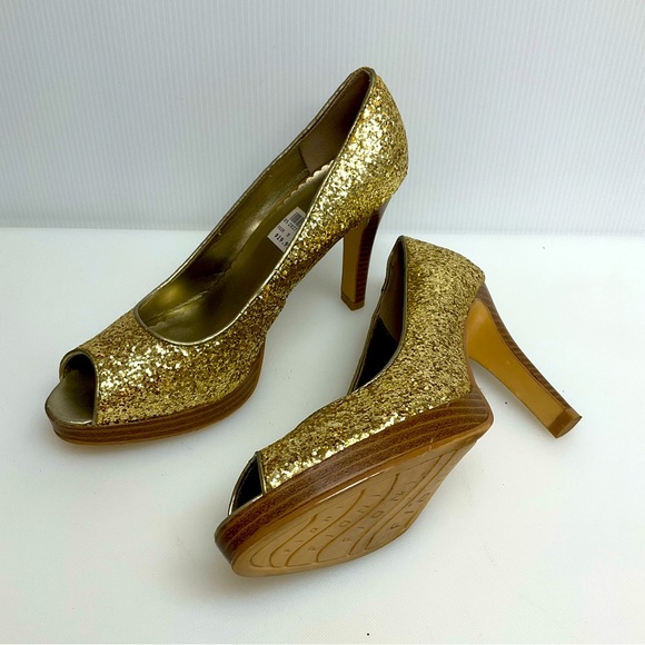FIONI sz 8 Heels Open Toe Slight Platform Glitter Sparkly GOLD - Picture 10 of 11